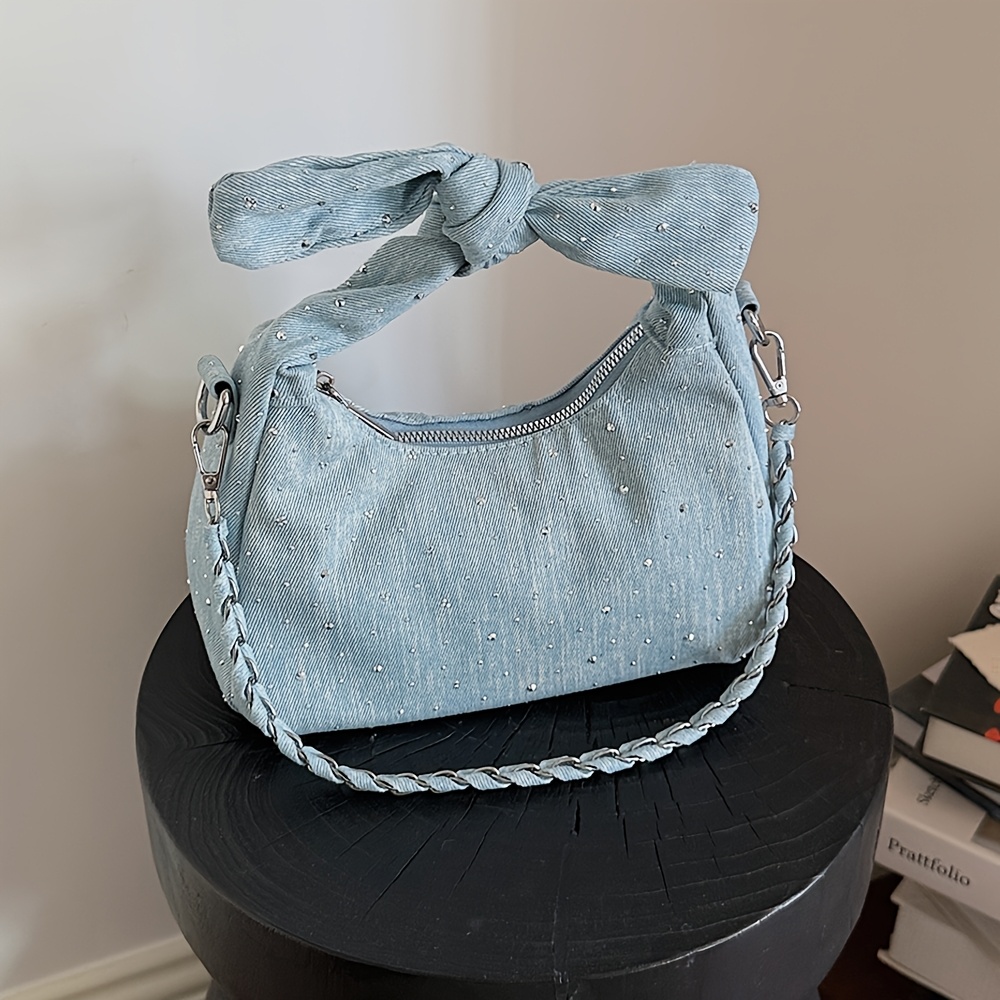 Knotted Denim Hobo Bag Women Braided Chain Crossbody Shoulder Handbag - Image 5