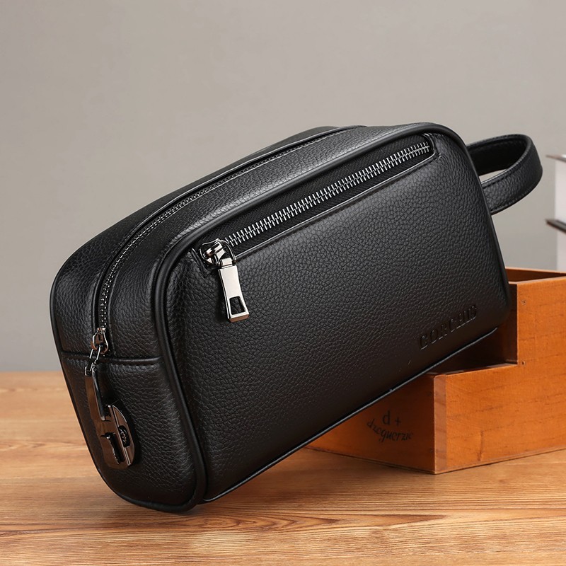 Men's Handbag with Fingerprint Lock Clutch Phone Storage Underarm Bag Popular Style Lychee Leather - Image 4