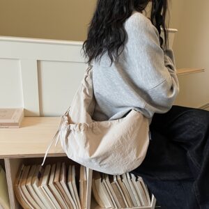 Ins Neutral Off White Drawstring Sling Bag Soft Wrinkle Fabric Crescent Design Ladies Daily Commute Lazy Style Crossbody