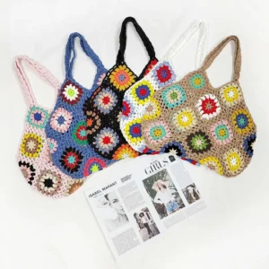 Designer Hand-Crocheted Multi-Colored Patchwork Shoulder Bag – Ethnically Inspired Craftsmanship