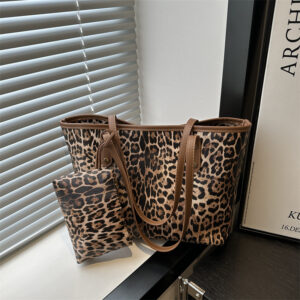 Women’s Large Capacity Tote Fashion Casual Leopard Print Polyester PU Leather Shoulder Bag For Commuting And Shopping