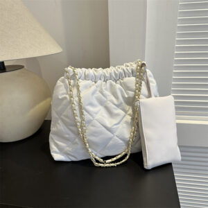 2pcs Quilted Pleated Crossbody for Women Padded Shoulder Design Tote Winter Bucket Casual Handbags Chain Shopper Bag
