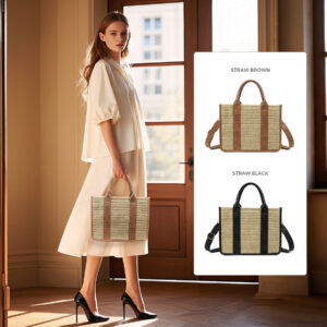 Women’s Straw Woven Crossbody Shoulder Plaid Tote Casual Versatile Bag With Strap