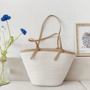 Women’s Bags New Fashion Simple Cotton Rope Woven Handmade Straw Beach Vacation Large Capacity Tote Bag Female