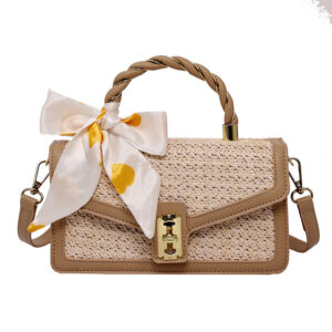 Single Shoulder Summer New Straw Bow Silk Scarf Crossbody Handbag Lock Small Fresh Woven Bag