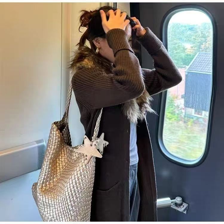 Champagne Color Woven Pattern Tote For Women, Large Capacity, Handheld And Shoulder Bucket Bag - Image 4