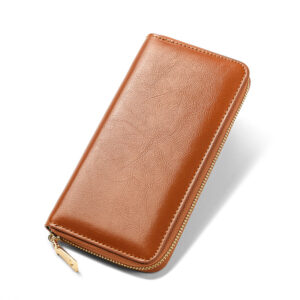 Men’s Bags New Oil Waxed Cowhide Women’s Zipper Wallet Long Genuine Leather Large Capacity Handbag