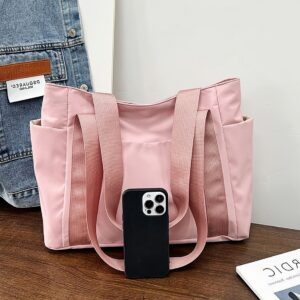 Women Solid Color Nylon Tote Multi Side Pockets Shoulder Handbag Large Capacity Casual Daily School Shopping Bag