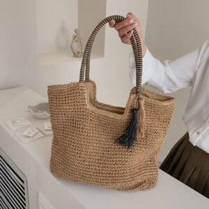 Boho Straw Woven Tote With Fringe, Large Beach Shoulder Bag For Women, Zip Closure & Adjustable Straps (Brown)