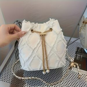 Sweet Fringe Lace Bucket Pearl Decor Chain Shoulder Bag Ladies Casual Fashion Handbag