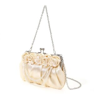 French Style Pearl Handbag Vintage Handheld Cheongsam 3D Rose Flower Satin Wedding Bridesmaid Evening Bag