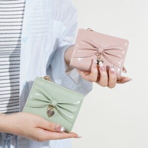 Women’s Short Bifold Wallet, Cute Bow Design Purse With Heart Pendant, Multi Slots Large Capacity Coin Pocket Small Card