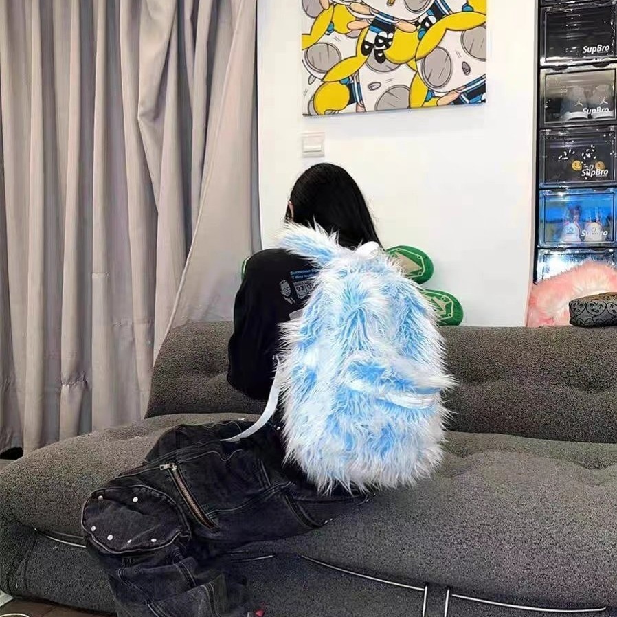 Men's Snow Monster Backpack Color Block Ice Blue Furry Trendy Outdoor Travel Bag For Men - Image 3