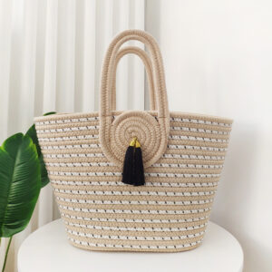 Women’ss Large Capacity New Straw Cotton Rope Woven Handbag Commuting Old Money Style Hand Held Female Striped Beach