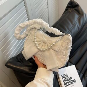 Pearl Chain With Bow, Trendy Girl’s Single Shoulder Underarm Bag, 2026 New Fashion Handbag, Pleated Crossbody Bag