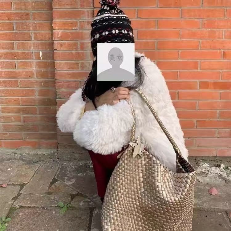Champagne Color Woven Pattern Tote For Women, Large Capacity, Handheld And Shoulder Bucket Bag - Image 5