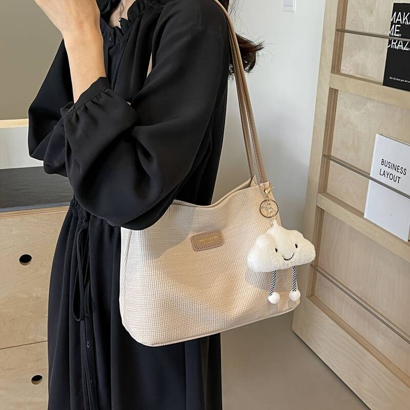 Linen Fabric Hobo Tote Bag Letter Label Thin Strap Women Daily Shoulder Purse - Image 4