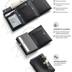 Men Credit Holder RFID Blocking Microfiber Leather Magnetic Closure Pop Up Card Wallet with ID Window and Coin Pocket