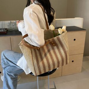 Beach Women’s Woven Straw Tote Bag 2026 New Model With Leather Shoulder Strap, Korean Niche Summer High-end Style