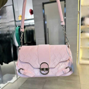 Sweet Pink Quilted Buckle Shoulder Bag Ladies Fashion Versatile Commute Crossbody Purse