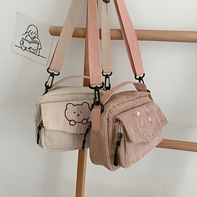 Bear‑Embossed Striped Mini Bag Women Adjustable Crossbody Shoulder Handbag - Image 3