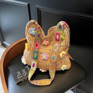 Hollow Out Knitted Yarn Tote Large Capacity Woven Beach Bag, Cute Casual Single Shoulder Handbag For Vacation Shopping