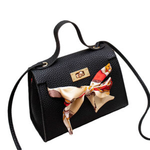 Lihanbao Women Solid Color Ribbon Bow Handbag Turn Lock Leather Crossbody Sling Bag-Black