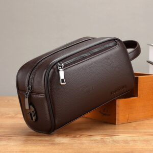 Men’s Handbag with Fingerprint Lock Clutch Phone Storage Underarm Bag Popular Style Lychee Leather