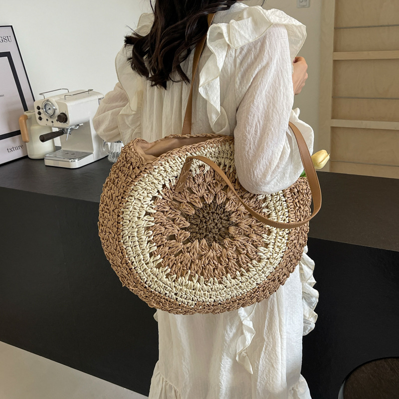 Women's Large Color Block Vacation Beach Round Zipper Straw Bag - Image 4