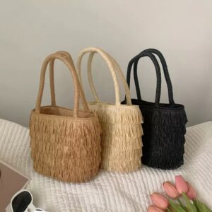 Idyllic Handmade Straw Handbag Women’s Summer 2026 New French Seaside Fringed Beach Woven Bag