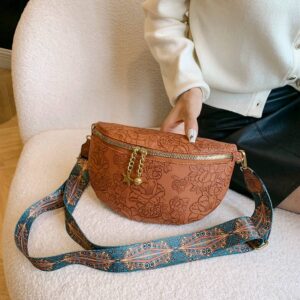 1pc Brown Pressed Floral Pu Fashionable Shoulder, Cross-body, Chest Bag, Waist Bag Suitable For Women Everyday Use,