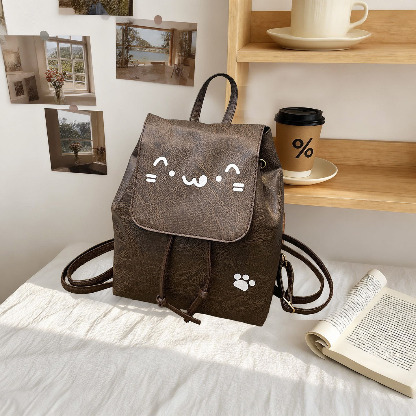Cartoon Face Drawstring Backpack Women Soft‑Leather Multi‑Purpose Crossbody Shoulder Purse - Image 5