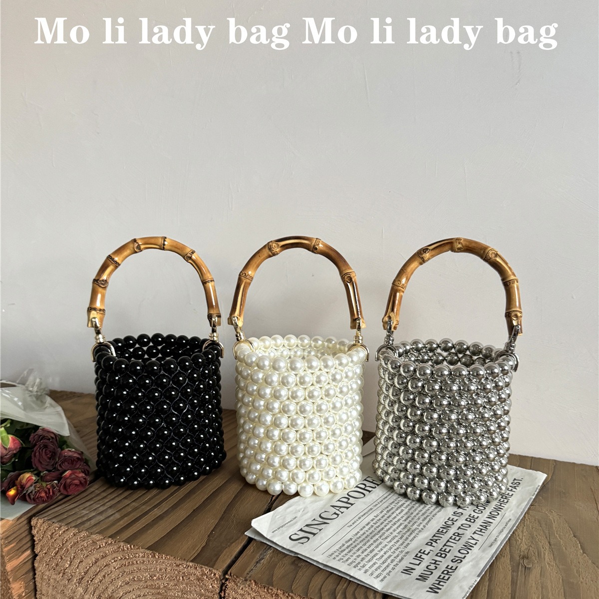 Bucket Bamboo Advanced Sense Of Metal Pearl Beaded Women's Bag - Image 2