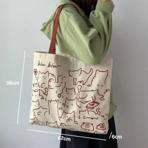 Fashion Cartoon Cute Cats Canvas Bags – Handbag for Women and Men, Foldable Reusable Shopping Beach Bag with Zipper