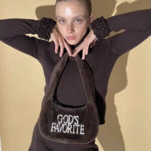 Praying Brown Plush Shoulder With Embroidered Letters Cute Clutch Bag For Women