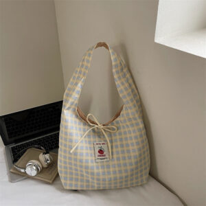 Women Pink Checkered Shoulder Tote Bow Detail Fruit Patch Soft Fabric Daily Shopping Bag