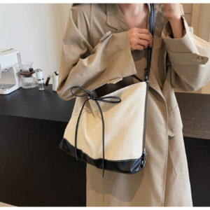 Vintage Denim Bow Shoulder Bag Ladies Drawstring Closure Casual Crossbody Daily Shopping Handbag
