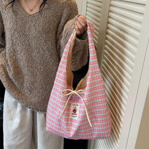 Women Pink Checkered Shoulder Tote Bow Detail Fruit Patch Soft Fabric Daily Shopping Bag