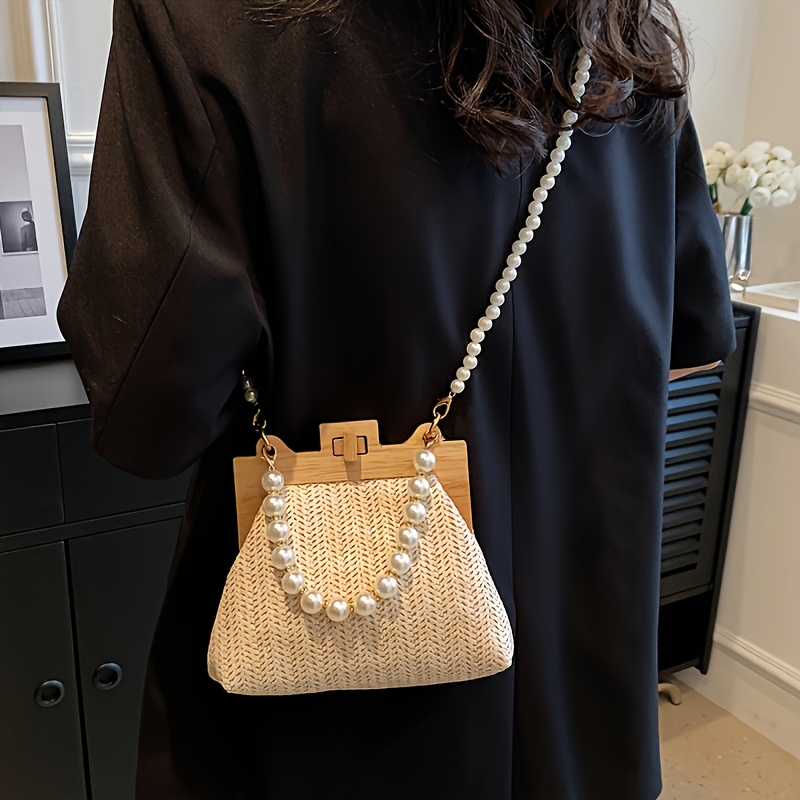 Bohemian Rattan Straw Bag Elegant Pearl Shoulder Chain Ladies Holiday Beach Party Purse - Image 8