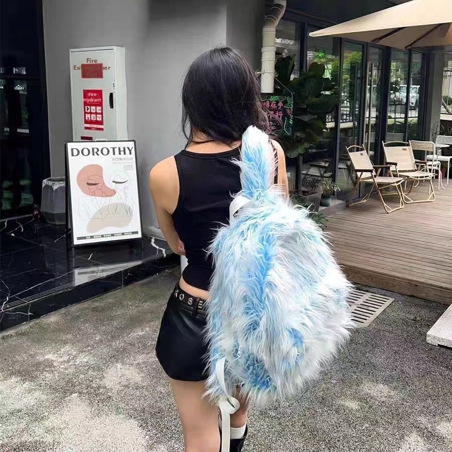 Men's Snow Monster Backpack Color Block Ice Blue Furry Trendy Outdoor Travel Bag For Men - Image 5