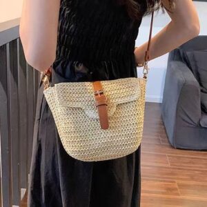 Simple saddle paper braided grass single shoulder crossbody buckle woven bag, casual beach women’s bag