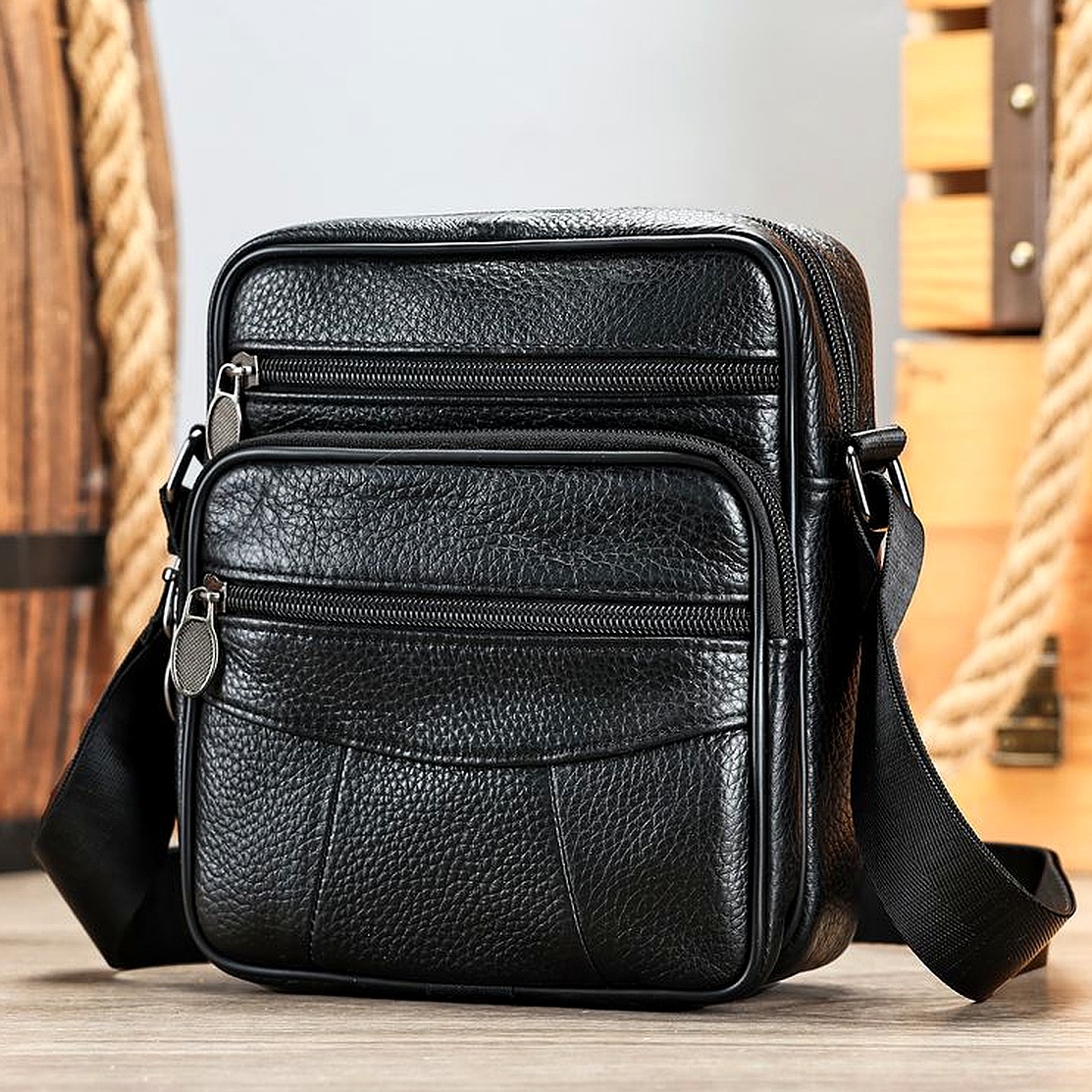 Men's Top Grain Cowhide Crossbody Casual Simple Multi-Pocket Shoulder Bag