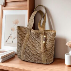 Hanfeng Wooden Bead Tassel Handmade Large Capacity Grass Woven Single Shoulder Tote Vacation Beach Bag, Handbag
