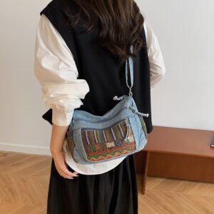 Vintage Denim Embroidered Tote For Women 2026 New Large Capacity Ladies Handbag Ethnic Style Canvas Shoulder Bag