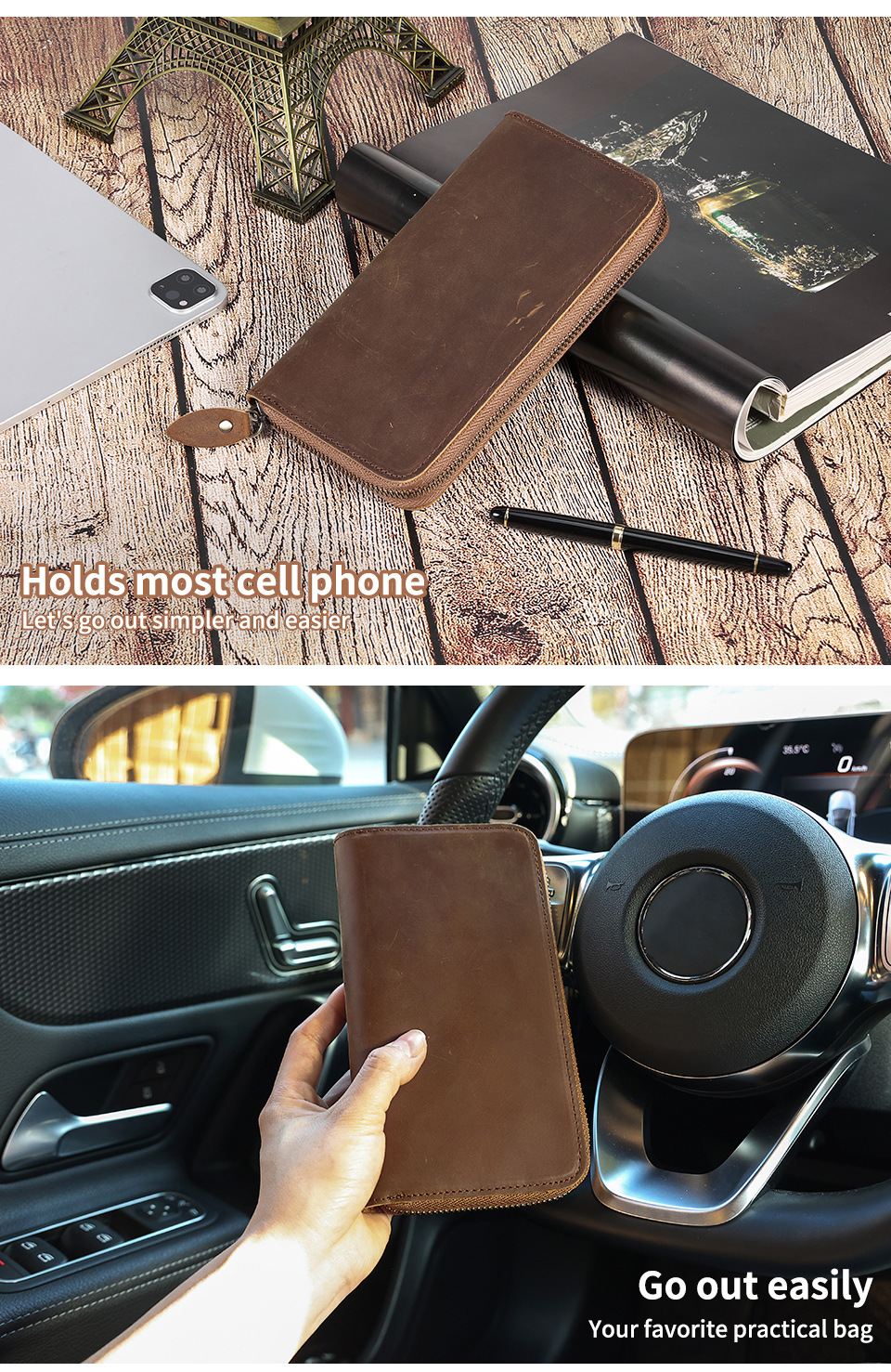 Business retro long rfid large capacity clutch bag Men's leather money clip men's wallet - Image 7