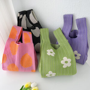 Flower Handbag For Women, Knitted Storage Large Capacity Small Student Casual Bucket Wrist Bag, Lunch Box Bag
