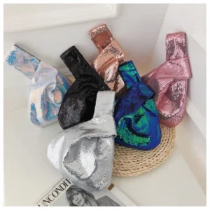 Ladies Trendy Fashion Reversible Sequin Evening Clutch Purse Women Girls Small Glitter Wrist Knot Bag 250312