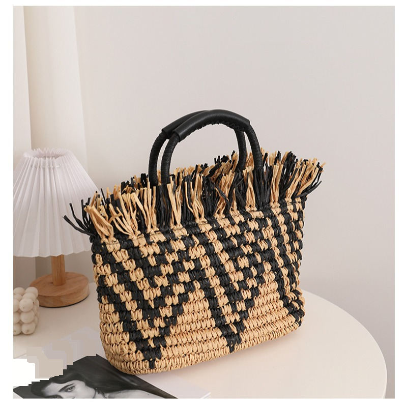 Retro Straw Loose Edge Hand Held Colorblock Woven Seaside Holiday Beach Women's Bag - Image 3