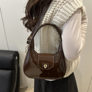 Women Glossy Hobo Handbag, Trendy Lock Design Shoulder Bag, Minimalist Crossbody Purse With Removable Strap