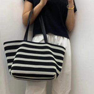 Textured Fashionable Black And White Grid Pattern Large Capacity Tote One Shoulder Woven Lazy Style Light Holiday
